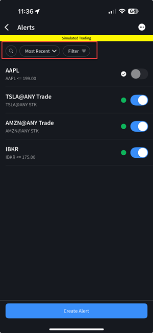 The alert filter menu on the iPhone. 